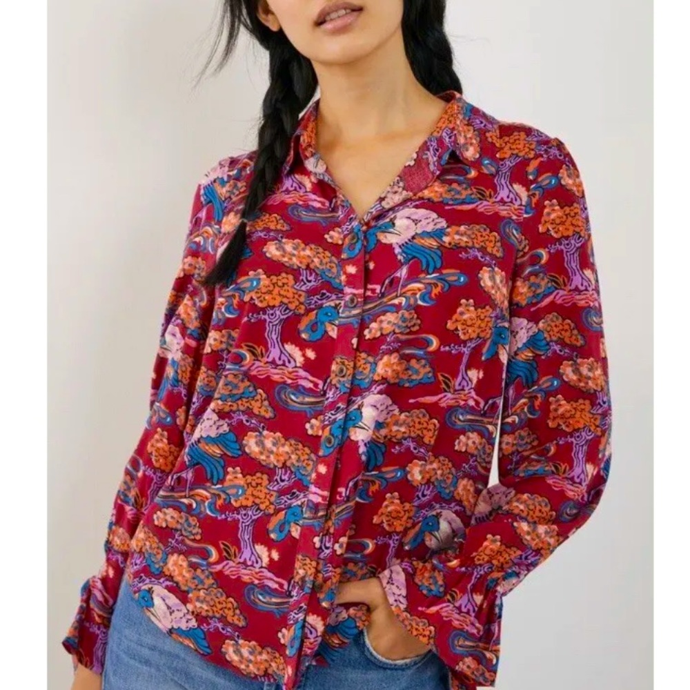 Anthropologie Maeve Darla Button down Oriental Crane Blouse